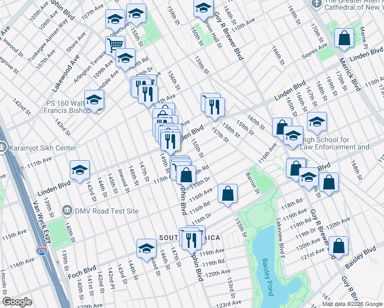map of restaurants, bars, coffee shops, grocery stores, and more near 114-01 Sutphin Boulevard in Queens