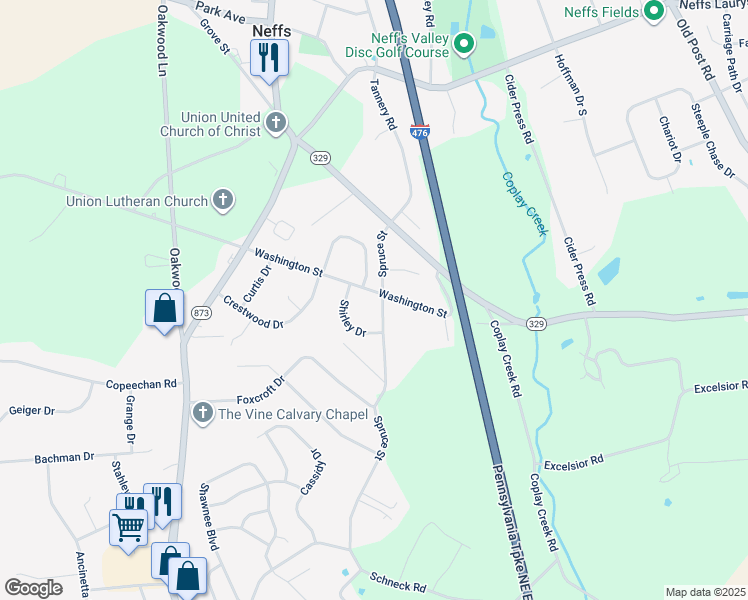map of restaurants, bars, coffee shops, grocery stores, and more near 5260 Spruce Street in Schnecksville