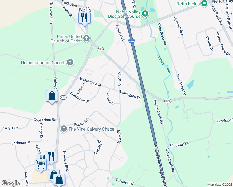 map of restaurants, bars, coffee shops, grocery stores, and more near 5260 Spruce Street in Schnecksville
