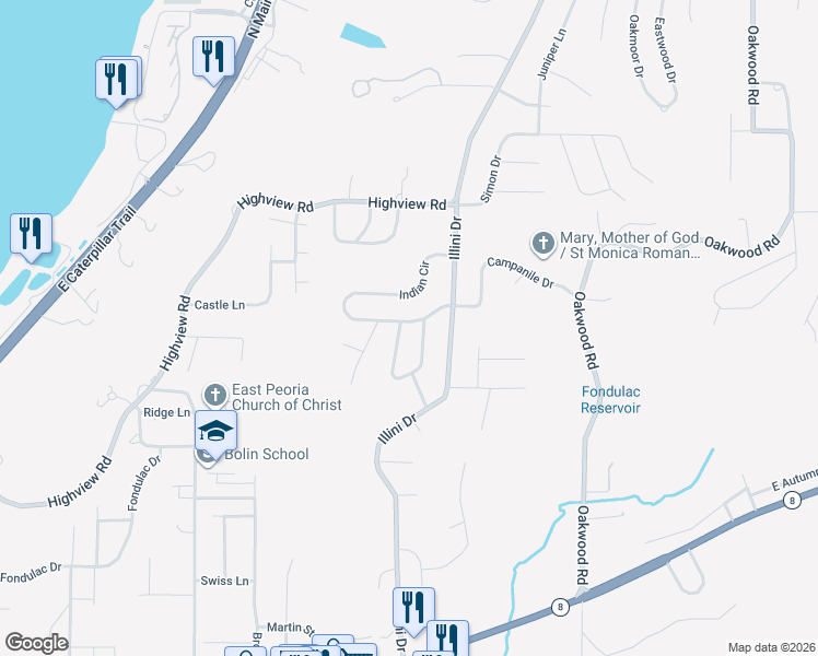 map of restaurants, bars, coffee shops, grocery stores, and more near 512 Indian Circle in East Peoria