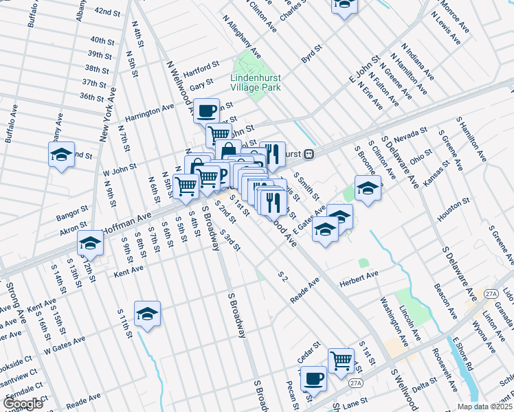 map of restaurants, bars, coffee shops, grocery stores, and more near 166 South Wellwood Avenue in Lindenhurst