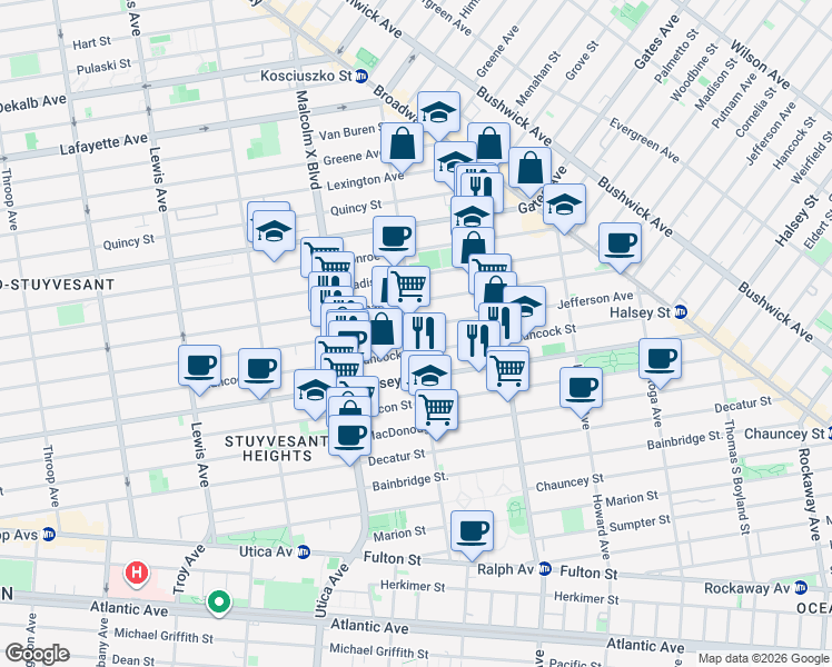 map of restaurants, bars, coffee shops, grocery stores, and more near 165 Patchen Avenue in Brooklyn