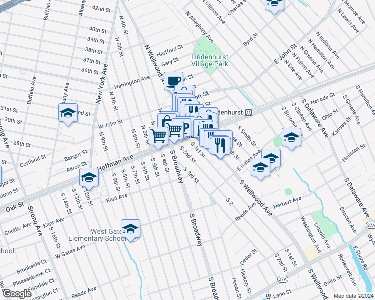 map of restaurants, bars, coffee shops, grocery stores, and more near 138 South 1st Street in Lindenhurst