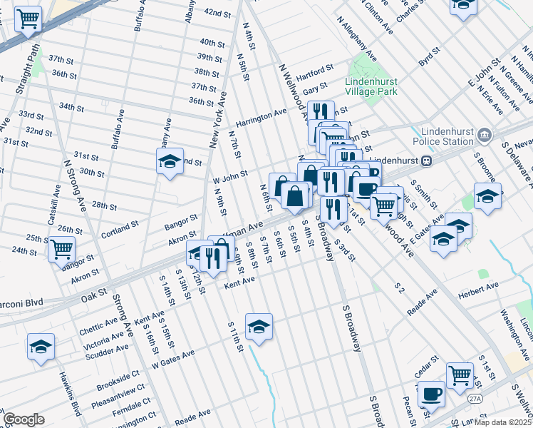 map of restaurants, bars, coffee shops, grocery stores, and more near 164 West Hoffman Avenue in Lindenhurst