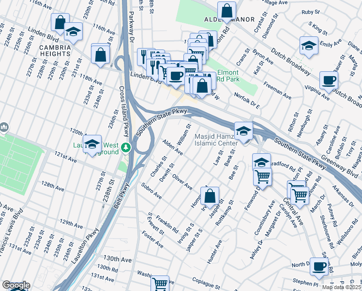 map of restaurants, bars, coffee shops, grocery stores, and more near 16 William Street in Valley Stream