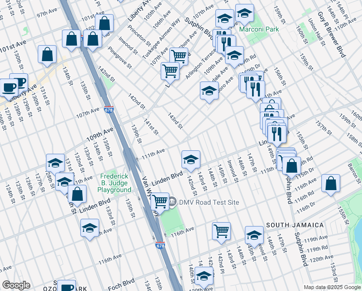 map of restaurants, bars, coffee shops, grocery stores, and more near 143-2 111th Avenue in Queens