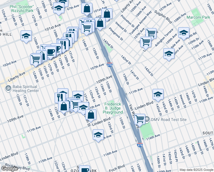 map of restaurants, bars, coffee shops, grocery stores, and more near 109-22 135th Street in Queens