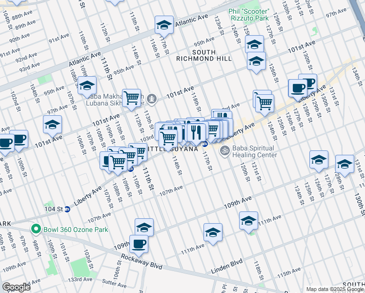 map of restaurants, bars, coffee shops, grocery stores, and more near 115-19 Liberty Avenue in Queens