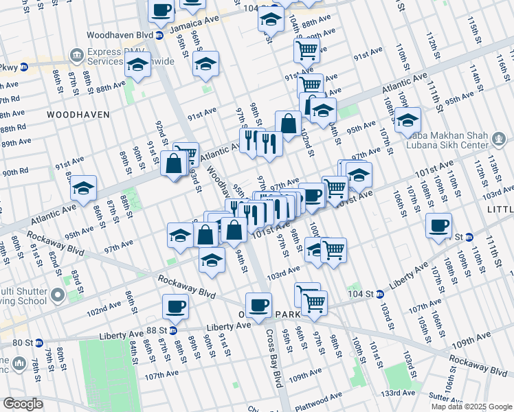 map of restaurants, bars, coffee shops, grocery stores, and more near 97-16 97th Street in Queens