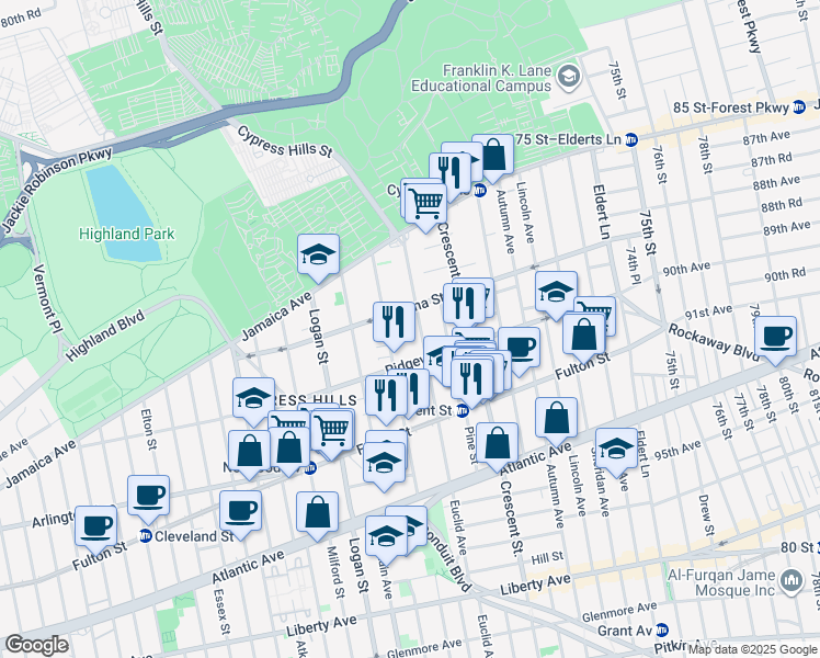 map of restaurants, bars, coffee shops, grocery stores, and more near 106 Euclid Avenue in Brooklyn