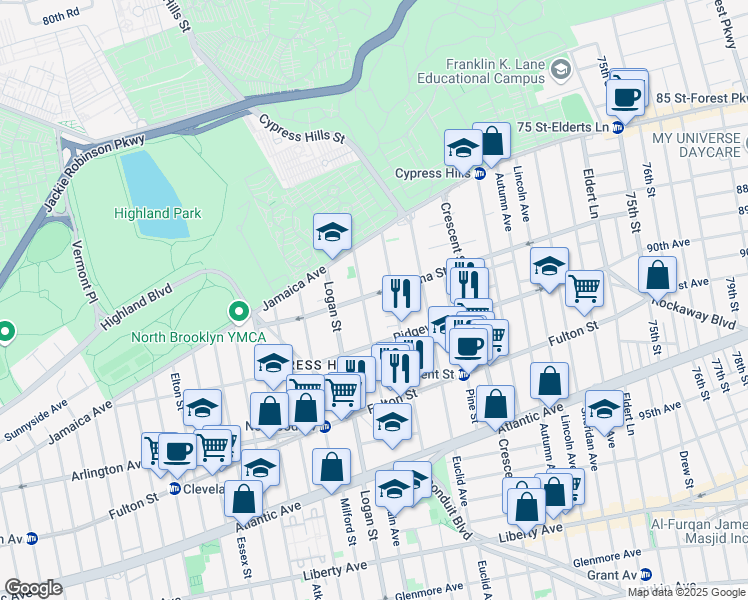 map of restaurants, bars, coffee shops, grocery stores, and more near 196 Etna Street in Brooklyn