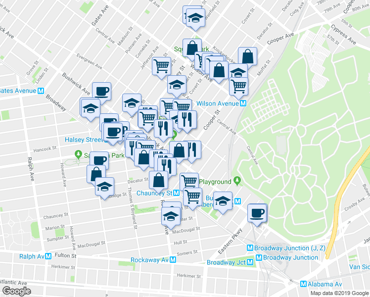 map of restaurants, bars, coffee shops, grocery stores, and more near 83A Cooper Street in Brooklyn