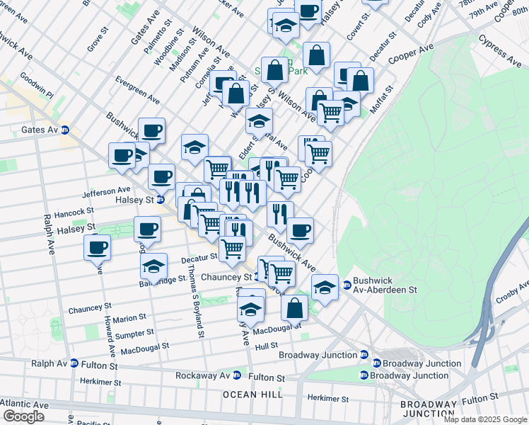 map of restaurants, bars, coffee shops, grocery stores, and more near 83A Cooper Street in Brooklyn