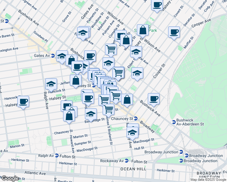 map of restaurants, bars, coffee shops, grocery stores, and more near 25 Eldert Street in Brooklyn