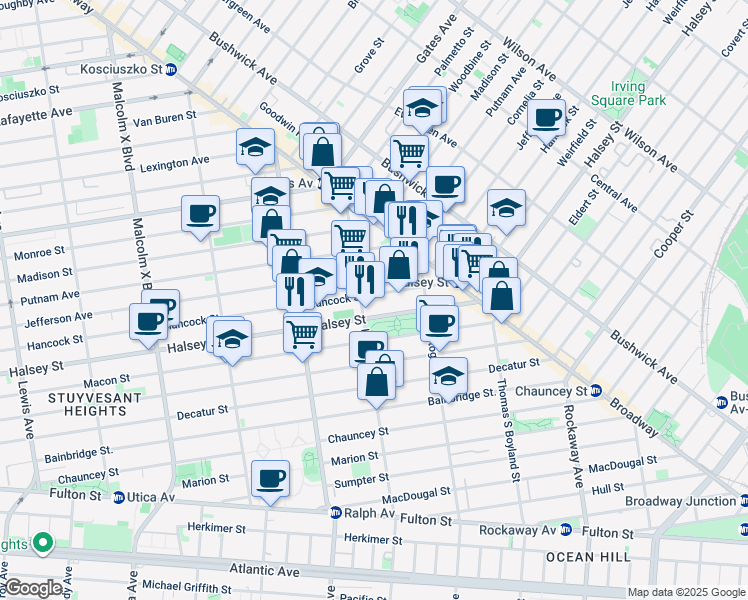map of restaurants, bars, coffee shops, grocery stores, and more near 883 Hancock Street in Brooklyn