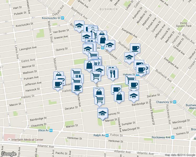 map of restaurants, bars, coffee shops, grocery stores, and more near 119 Ralph Avenue in Brooklyn