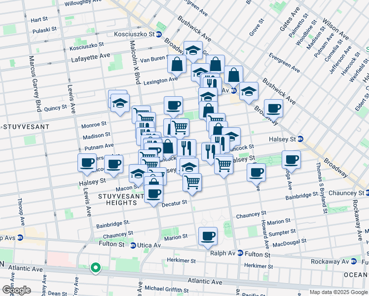 map of restaurants, bars, coffee shops, grocery stores, and more near 780 Jefferson Avenue in Brooklyn