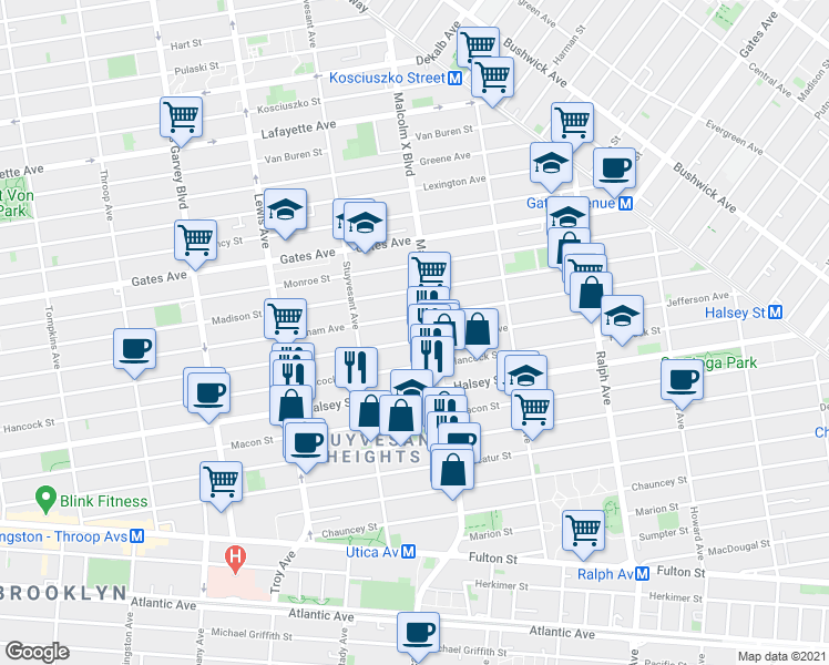 map of restaurants, bars, coffee shops, grocery stores, and more near 784 Putnam Avenue in Brooklyn