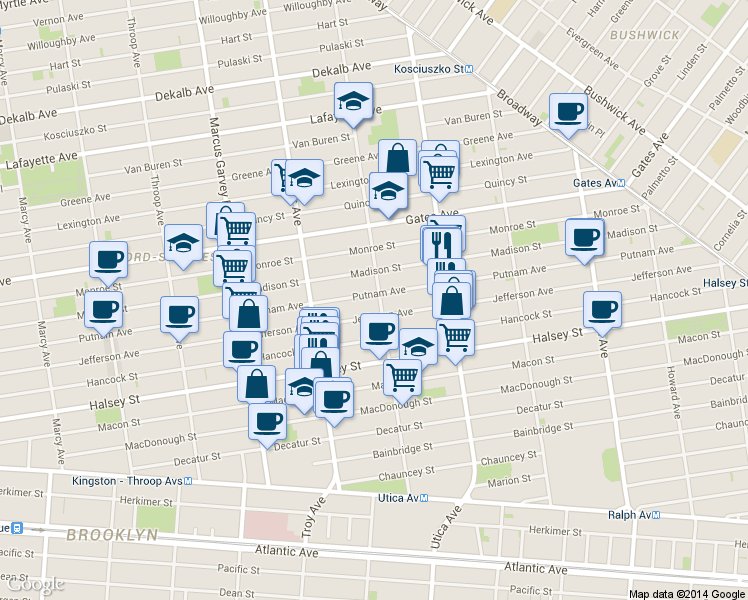 map of restaurants, bars, coffee shops, grocery stores, and more near 703 Putnam Avenue in Brooklyn