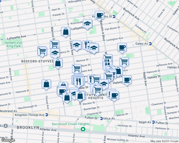 map of restaurants, bars, coffee shops, grocery stores, and more near 703 Putnam Avenue in Brooklyn