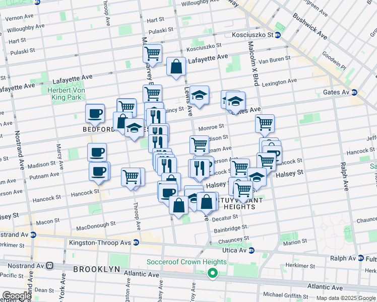 map of restaurants, bars, coffee shops, grocery stores, and more near 538 Madison Street in Brooklyn