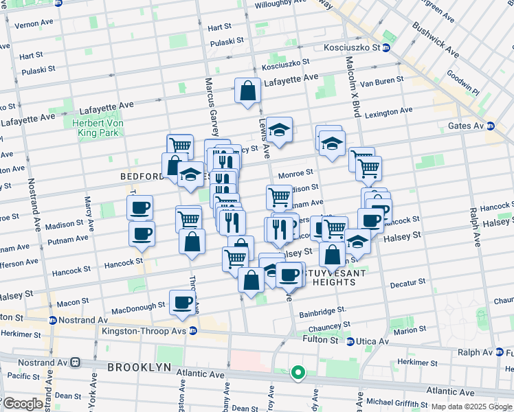 map of restaurants, bars, coffee shops, grocery stores, and more near 538 Madison Street in Brooklyn