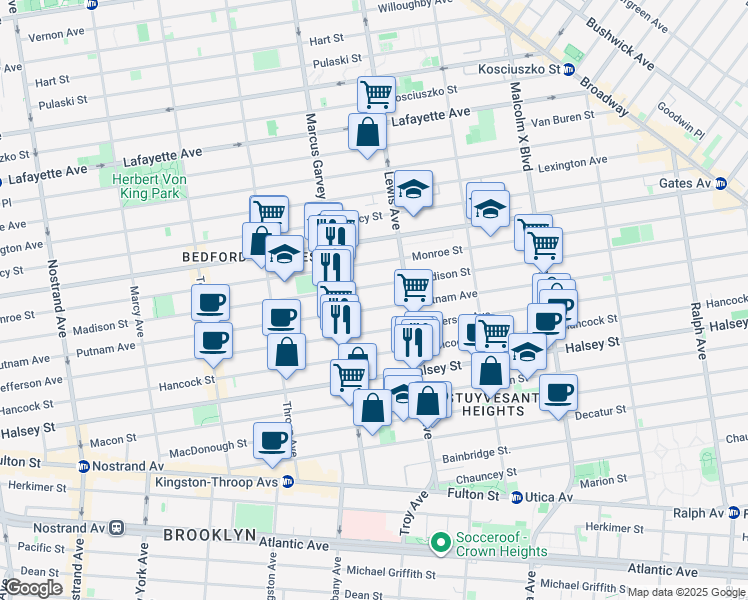 map of restaurants, bars, coffee shops, grocery stores, and more near 538 Madison Street in Brooklyn