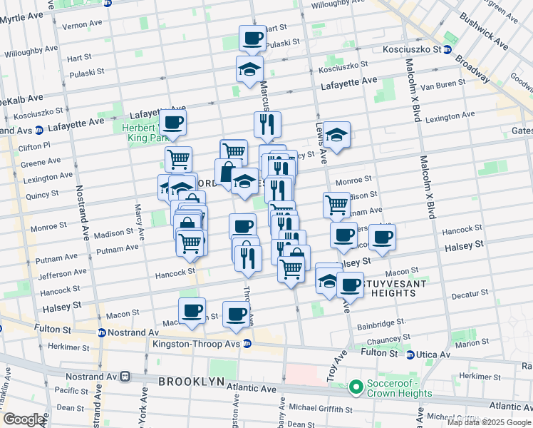 map of restaurants, bars, coffee shops, grocery stores, and more near 462 Madison Street in Brooklyn
