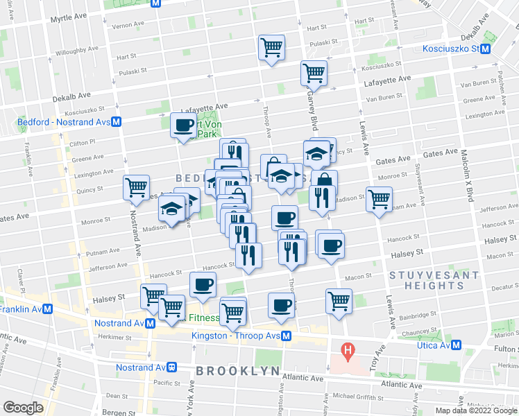 map of restaurants, bars, coffee shops, grocery stores, and more near 397 Madison Street in Brooklyn