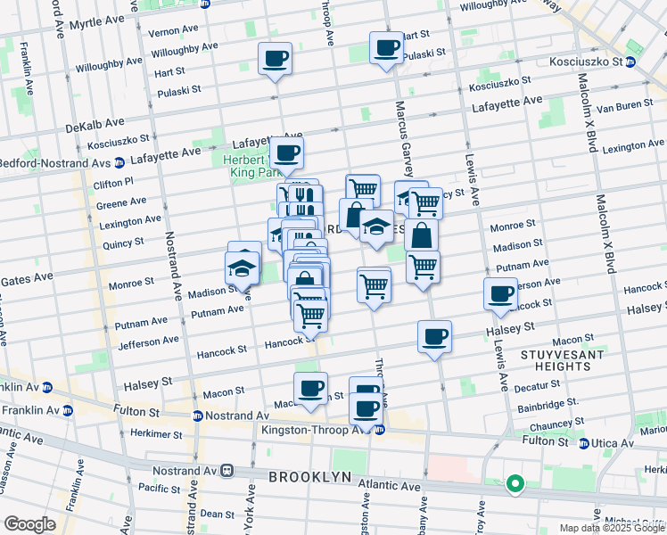 map of restaurants, bars, coffee shops, grocery stores, and more near 397 Madison Street in Brooklyn