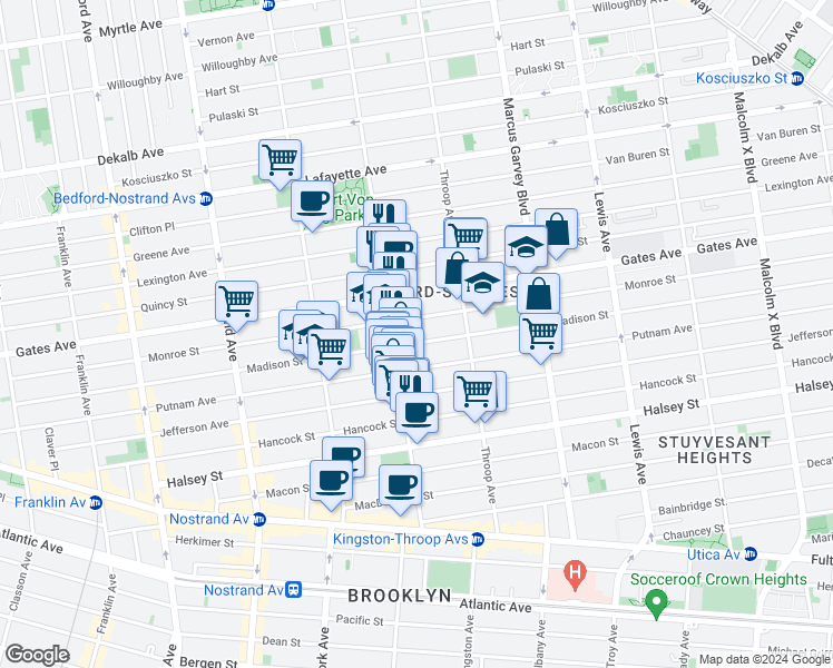 map of restaurants, bars, coffee shops, grocery stores, and more near 364 Monroe Street in Brooklyn