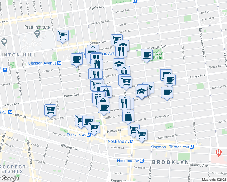 map of restaurants, bars, coffee shops, grocery stores, and more near 370 Gates Avenue in Brooklyn