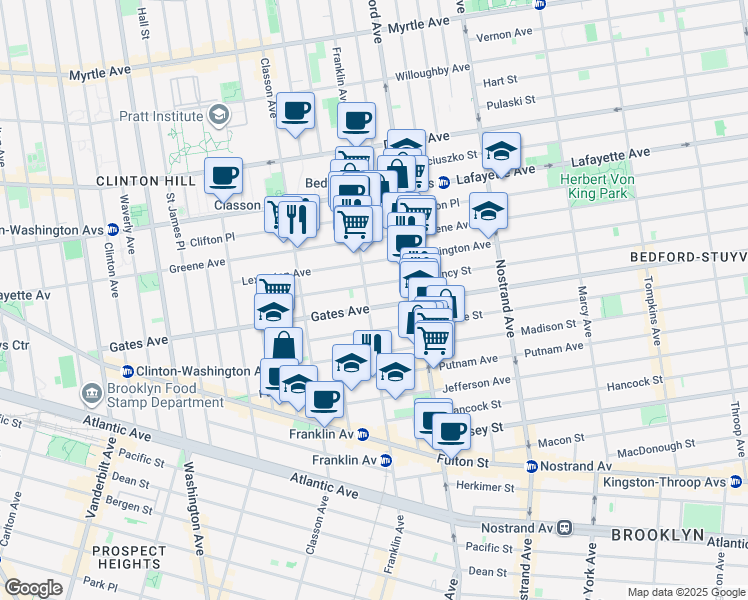 map of restaurants, bars, coffee shops, grocery stores, and more near 128 Quincy Street in Brooklyn