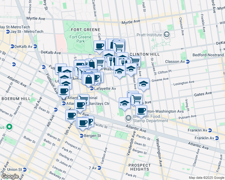 map of restaurants, bars, coffee shops, grocery stores, and more near 38 Greene Avenue in Brooklyn