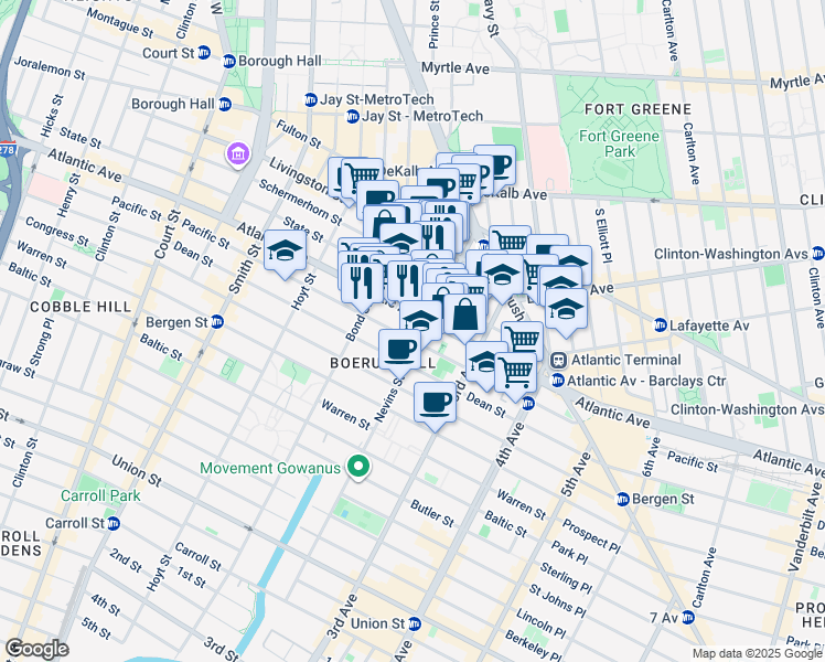 map of restaurants, bars, coffee shops, grocery stores, and more near 460 Atlantic Avenue in Brooklyn
