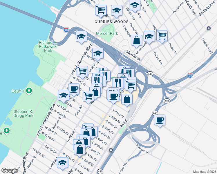 map of restaurants, bars, coffee shops, grocery stores, and more near 35 West 54th Street in Bayonne