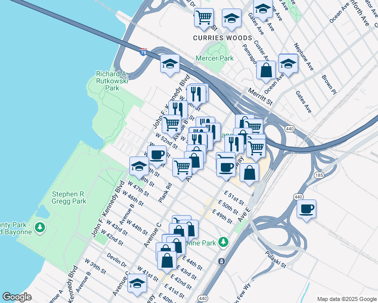 map of restaurants, bars, coffee shops, grocery stores, and more near 84 West 53rd Street in Bayonne