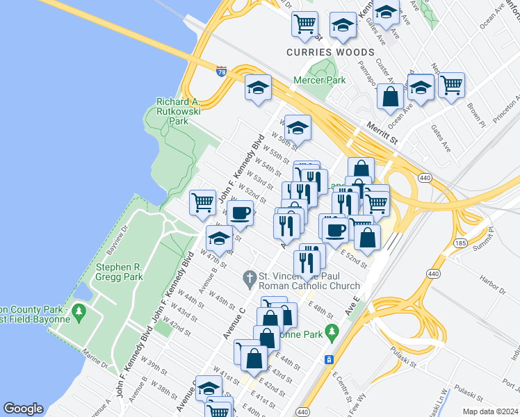 map of restaurants, bars, coffee shops, grocery stores, and more near 108 1/2 West 52nd Street in Bayonne