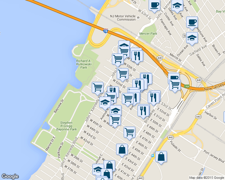 map of restaurants, bars, coffee shops, grocery stores, and more near 132 West 51st Street in Bayonne