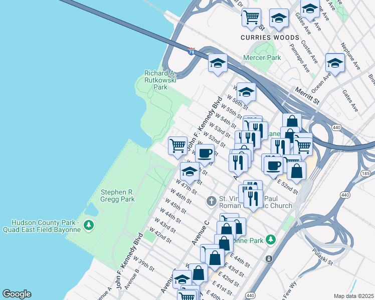 map of restaurants, bars, coffee shops, grocery stores, and more near 4 Hudson Court in Bayonne