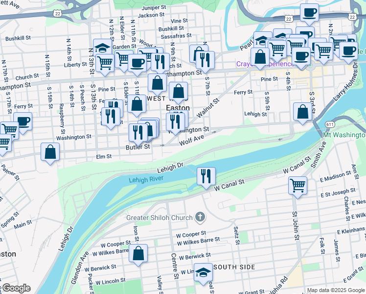 map of restaurants, bars, coffee shops, grocery stores, and more near 898 Wolf Avenue in Easton