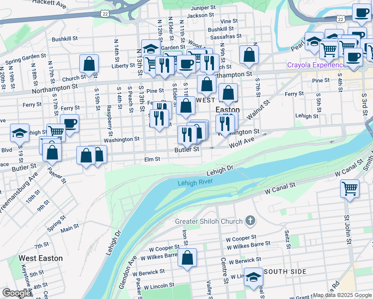 map of restaurants, bars, coffee shops, grocery stores, and more near 1135 Butler Street in Easton