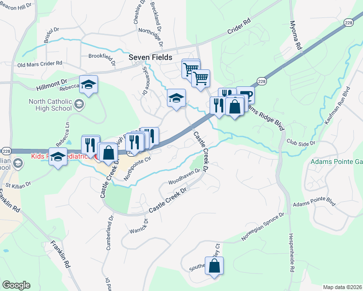 map of restaurants, bars, coffee shops, grocery stores, and more near 212 Brookside Lane in Seven Fields
