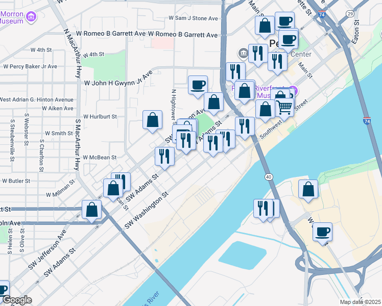 map of restaurants, bars, coffee shops, grocery stores, and more near 726 Southwest Adams Street in Peoria