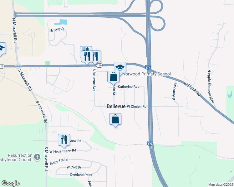 map of restaurants, bars, coffee shops, grocery stores, and more near 307 South Main Street in Peoria