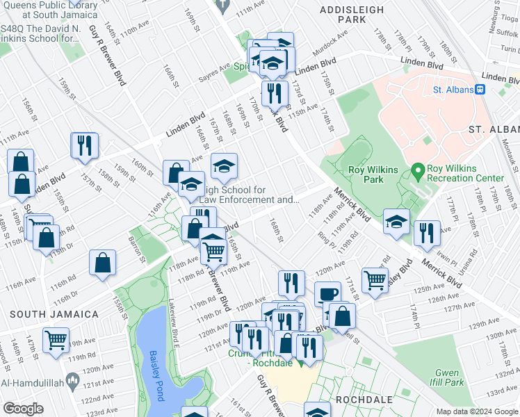 map of restaurants, bars, coffee shops, grocery stores, and more near 116-46 168th Street in Queens