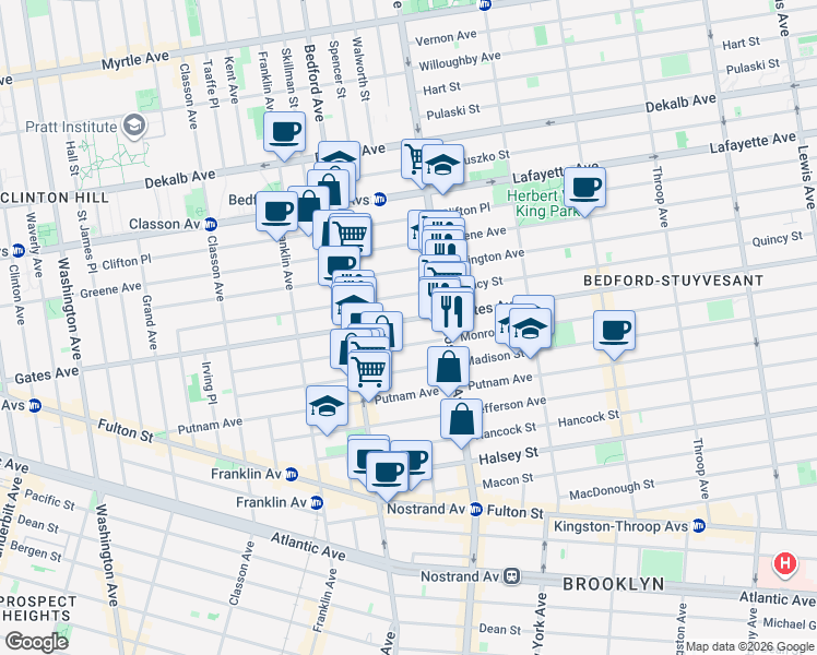 map of restaurants, bars, coffee shops, grocery stores, and more near 370 Gates Avenue in Brooklyn
