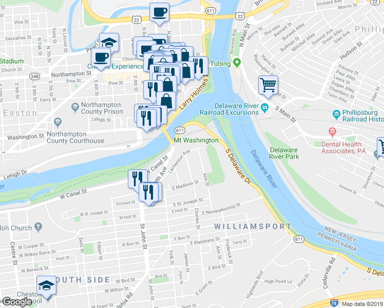 map of restaurants, bars, coffee shops, grocery stores, and more near 217 Lachenour Avenue in Easton