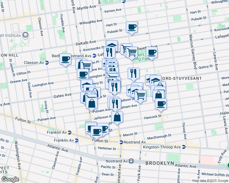 map of restaurants, bars, coffee shops, grocery stores, and more near 337 Nostrand Avenue in Brooklyn