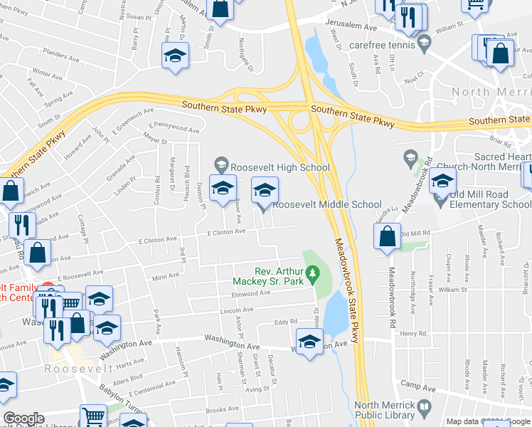 map of restaurants, bars, coffee shops, grocery stores, and more near 335 East Clinton Avenue in Roosevelt